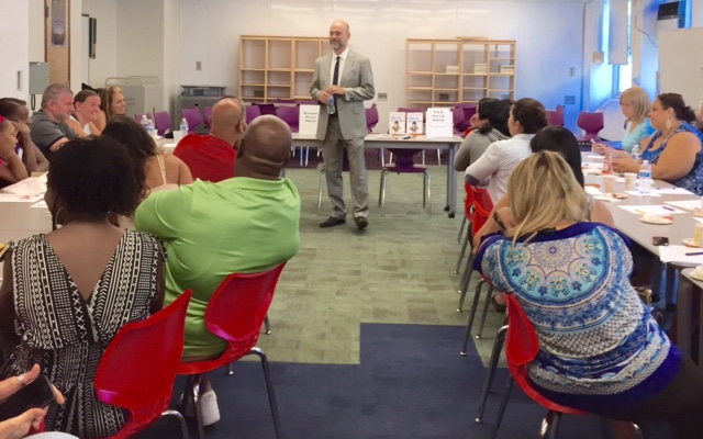Sean Grover speaking at Egbert Jr HS, Staten Island, Sept. 18, 2015